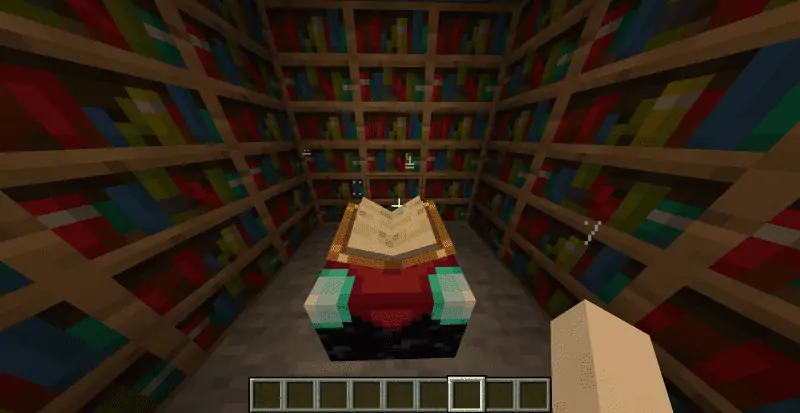 An enchanting table surrounded by bookshelves in Minecraft